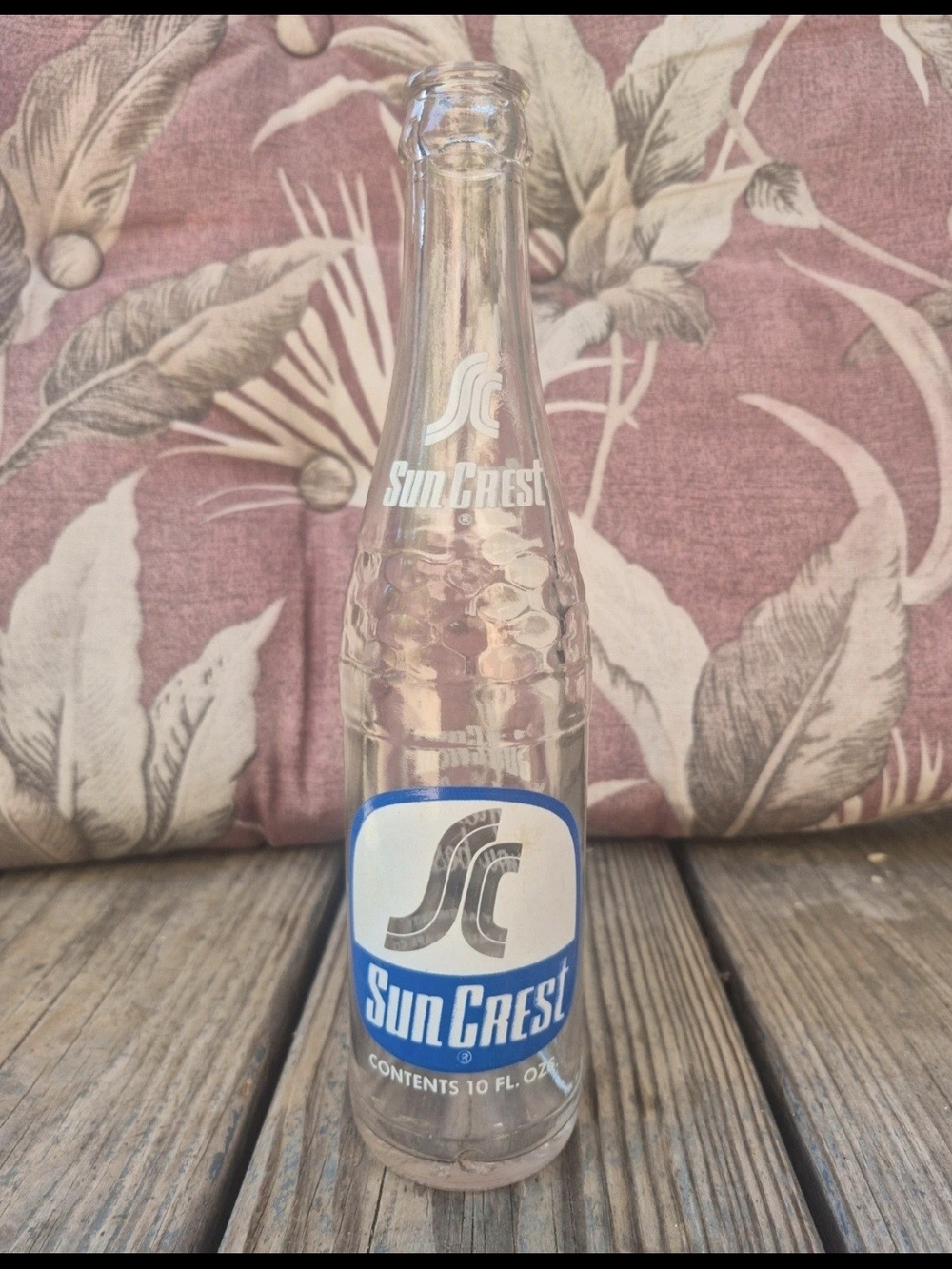 Crest SunCrest Clear Glass Bottle with Blue & White Label